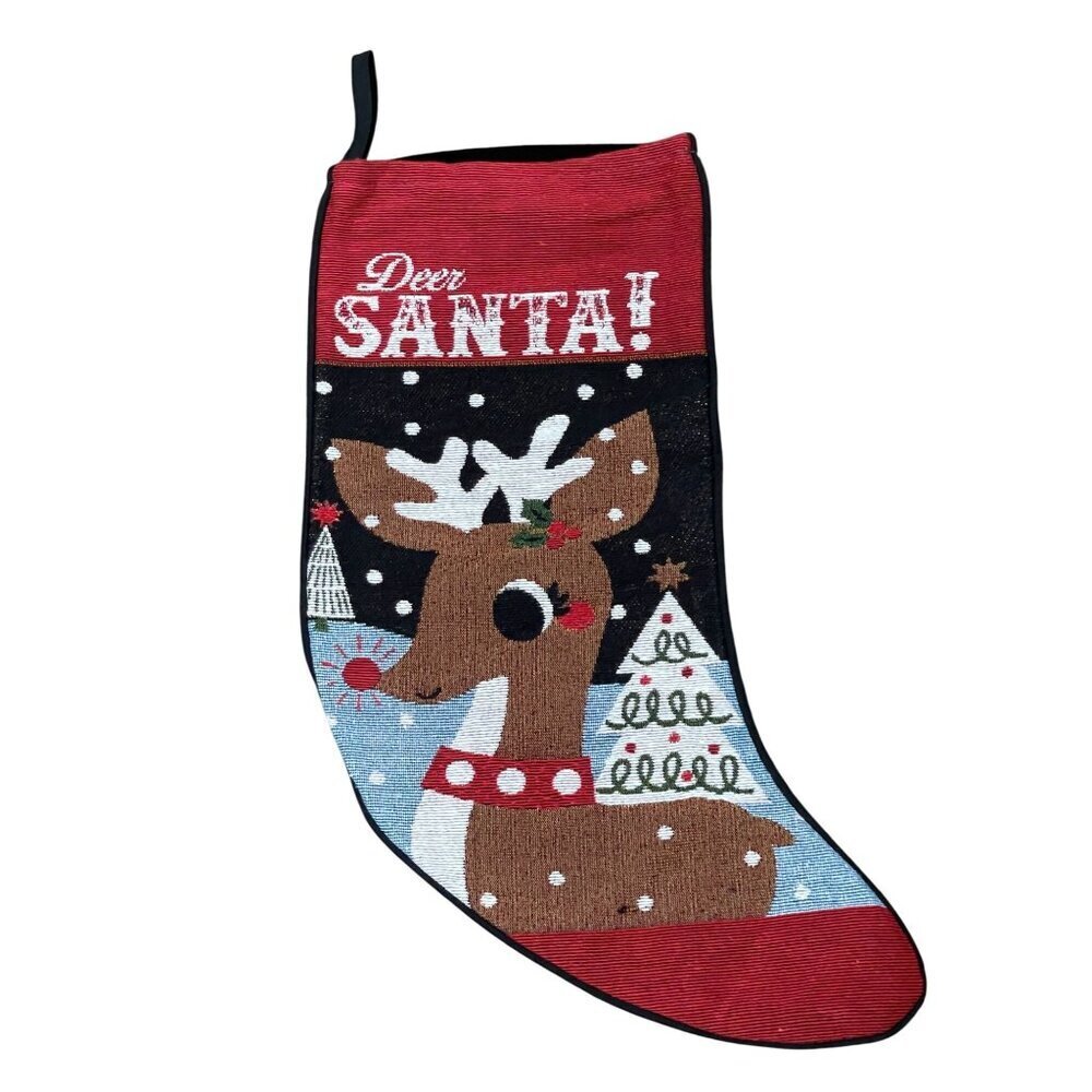 Rudolph Christmas Stocking‎ "Deer Santa" Design Tapestry front Velvet Back